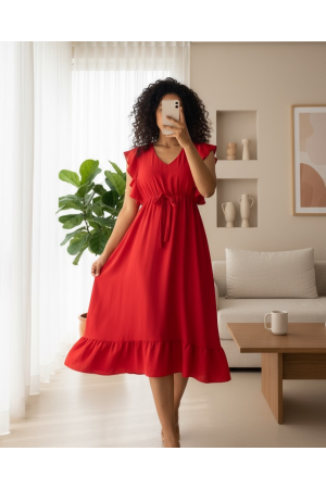 Omuzu Fırfırlı Beli Lastikli Sıfır Kol Midi Boy Ayrobin Elbise  -Kırmızı