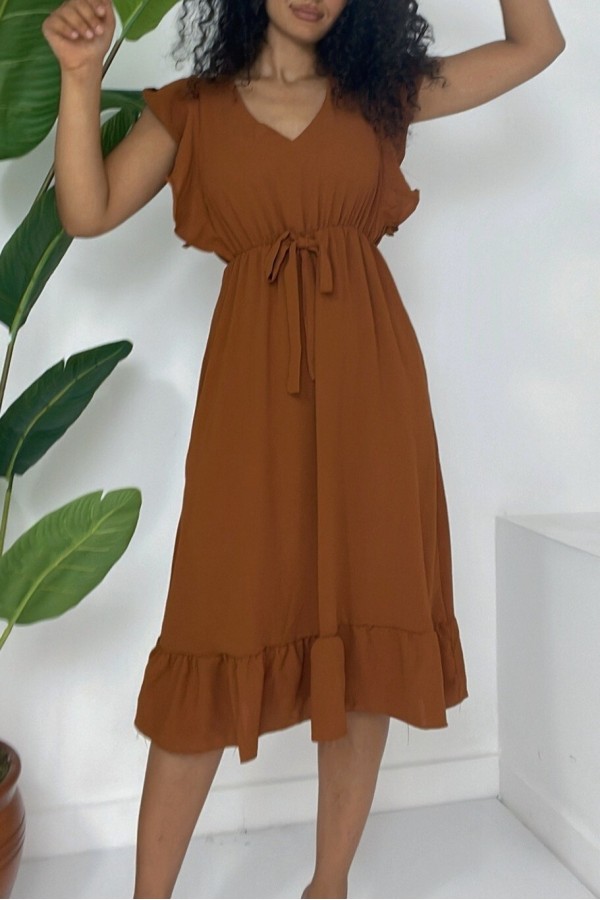 Frill Shoulder Elastic Waist Zero Sleeve Midi Length Ayrobin Dress  -Snuff