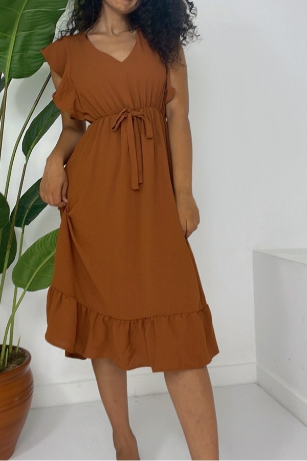 Frill Shoulder Elastic Waist Zero Sleeve Midi Length Ayrobin Dress  -Snuff