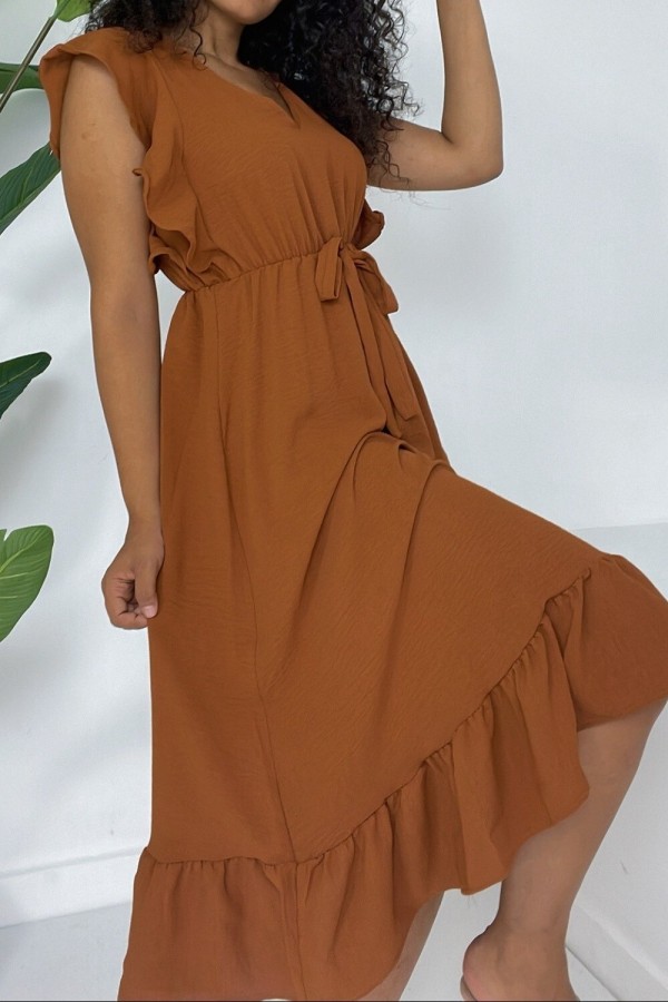 Frill Shoulder Elastic Waist Zero Sleeve Midi Length Ayrobin Dress  -Snuff