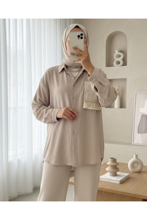 Örgü Cepli Düğmeli Ayrobin Gömlek -Açık Vizon