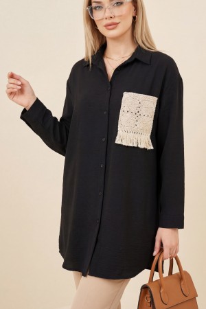 Örgü Cepli Düğmeli Ayrobin Gömlek -Siyah