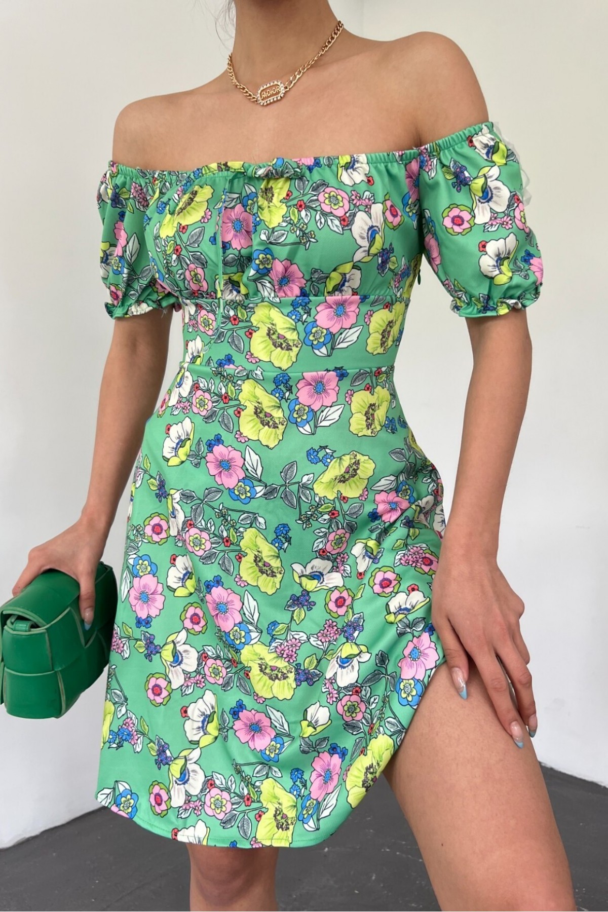 Elastic Collar Lace Detail Mini Dress -LIGHT GREEN