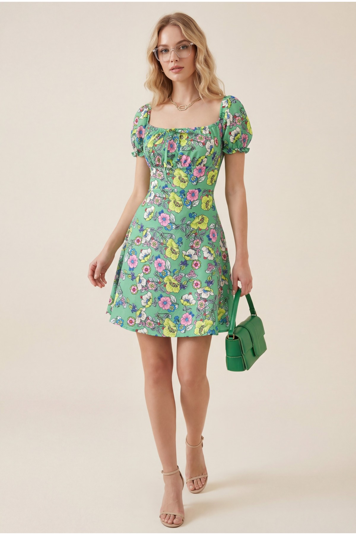 Elastic Collar Lace Detail Mini Dress -LIGHT GREEN