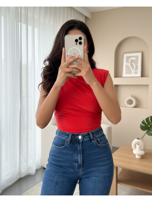 Bisiklet Yaka Sıfır Kol Sandy Bluz -Kırmızı