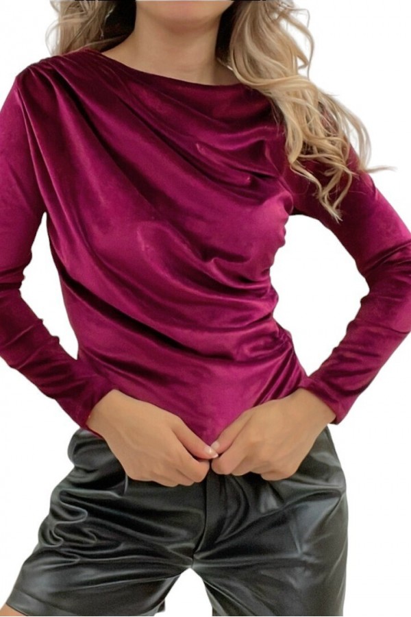 Side Gathered Shoulder Pleated Velvet Blouse -Red