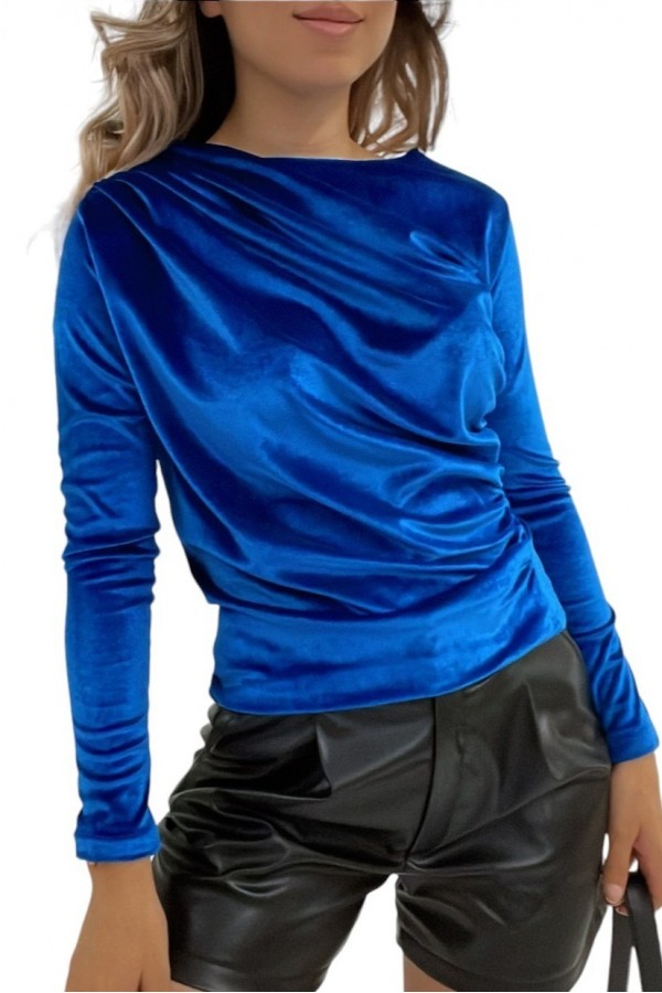 Side Gathered Shoulder Pleated Velvet Blouse -Saxe 