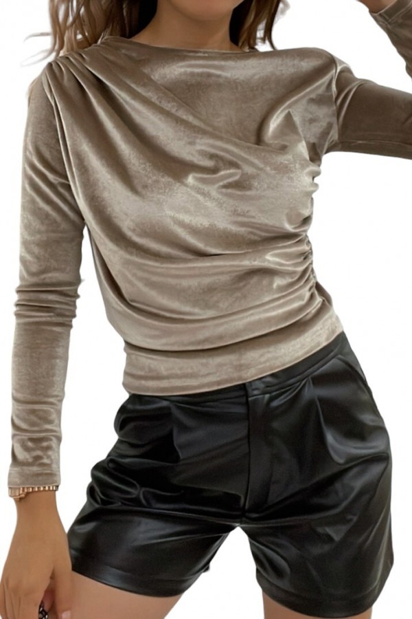 Side Gathered Shoulder Pleated Velvet Blouse -Mink color