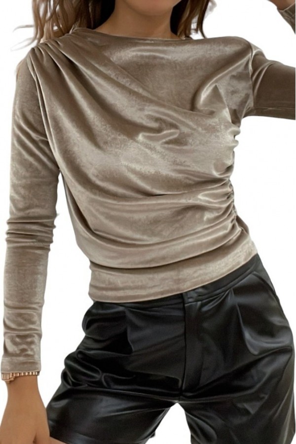 Side Gathered Shoulder Pleated Velvet Blouse -Mink color