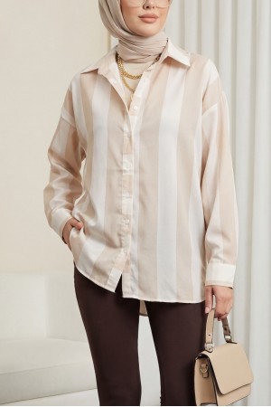 Kalın Çizgili Düğmeli Gömlek -Bej
