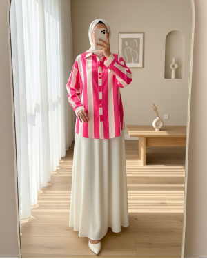 Thick Striped Button-Up Shirt -Fuchsia