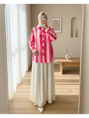 Kalın Çizgili Düğmeli Gömlek -Fuşya