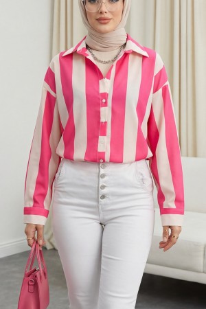 Kalın Çizgili Düğmeli Gömlek -Fuşya