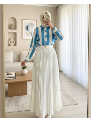 Kalın Çizgili Düğmeli Gömlek -Mavi