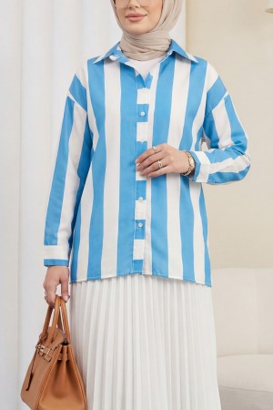 Kalın Çizgili Düğmeli Gömlek -Mavi