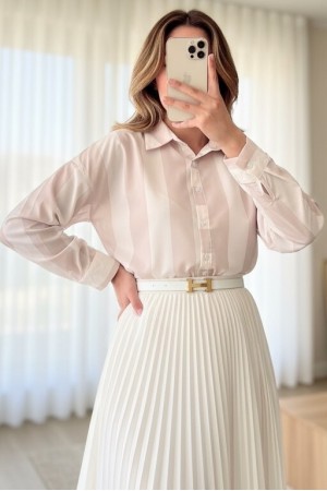 Kalın Çizgili Düğmeli Gömlek -Pudra