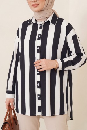 Kalın Çizgili Düğmeli Gömlek -Siyah