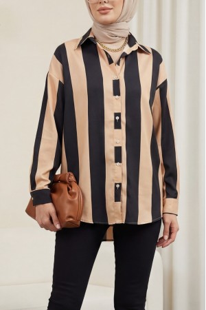 Kalın Çizgili Düğmeli Gömlek -Vizon