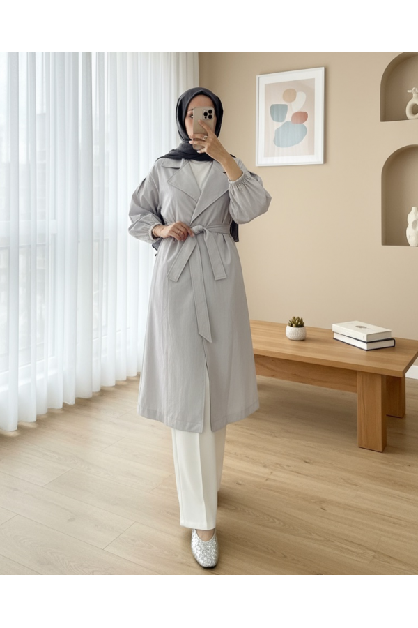 Belted Lined Trench Coat with Elastic Sleeves -Grey