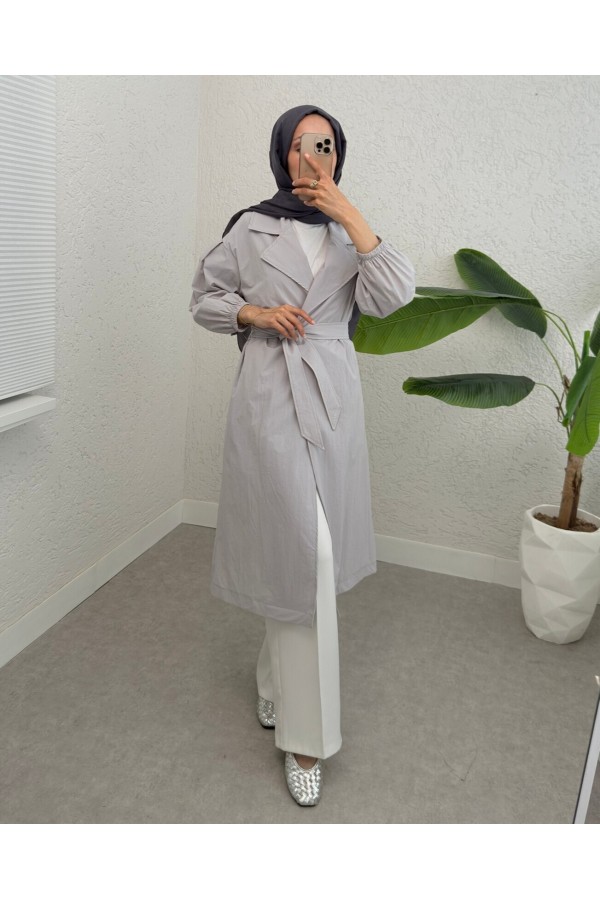 Belted Lined Trench Coat with Elastic Sleeves -Grey