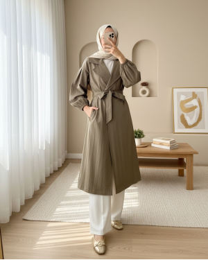 Kolu Lastikli Kemerli Astarlı Trençkot -Haki