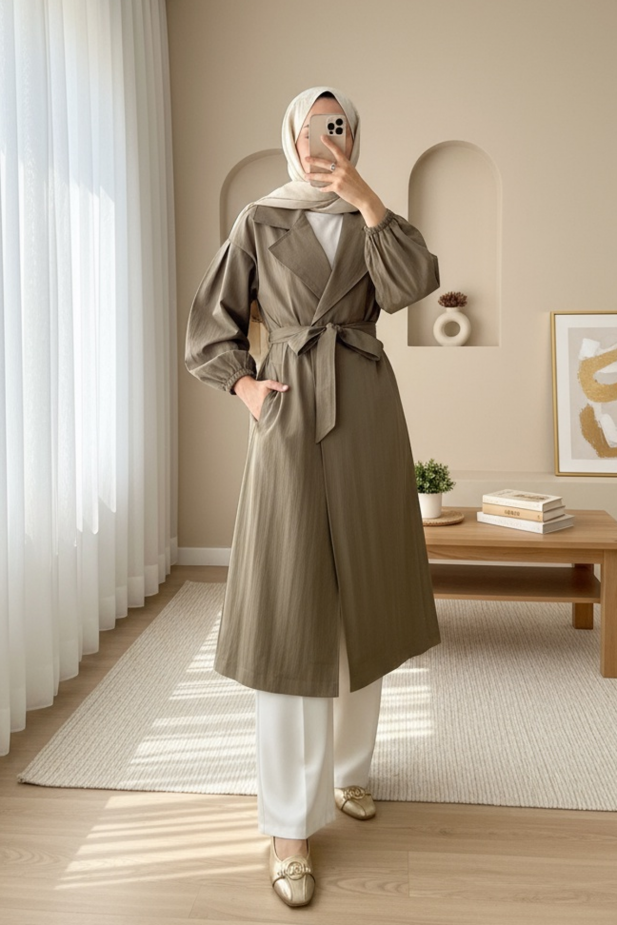 Belted Lined Trench Coat with Elastic Sleeves -Khaki