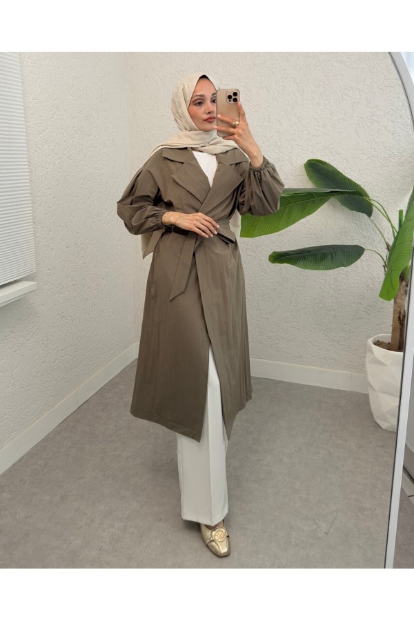 Belted Lined Trench Coat with Elastic Sleeves -Khaki