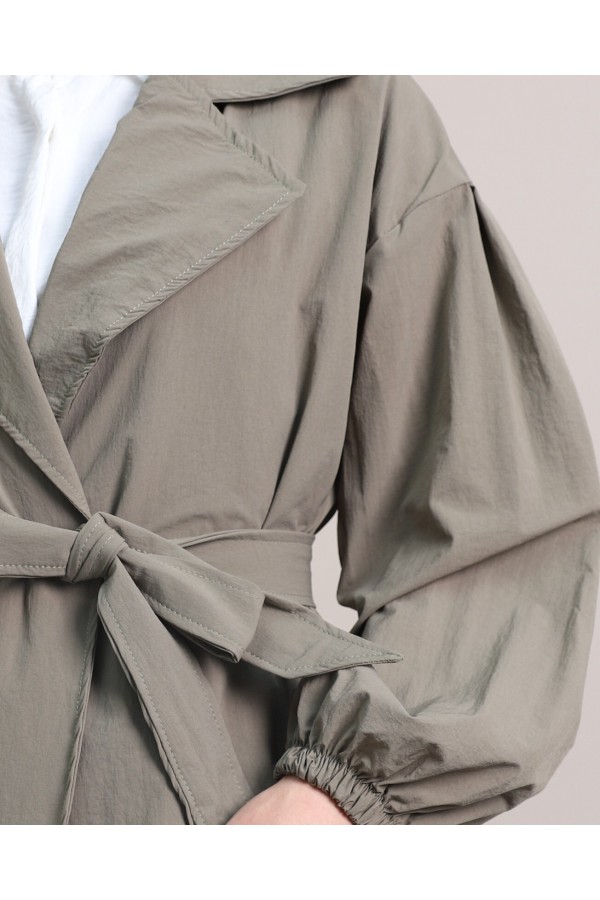 Belted Lined Trench Coat with Elastic Sleeves -Khaki