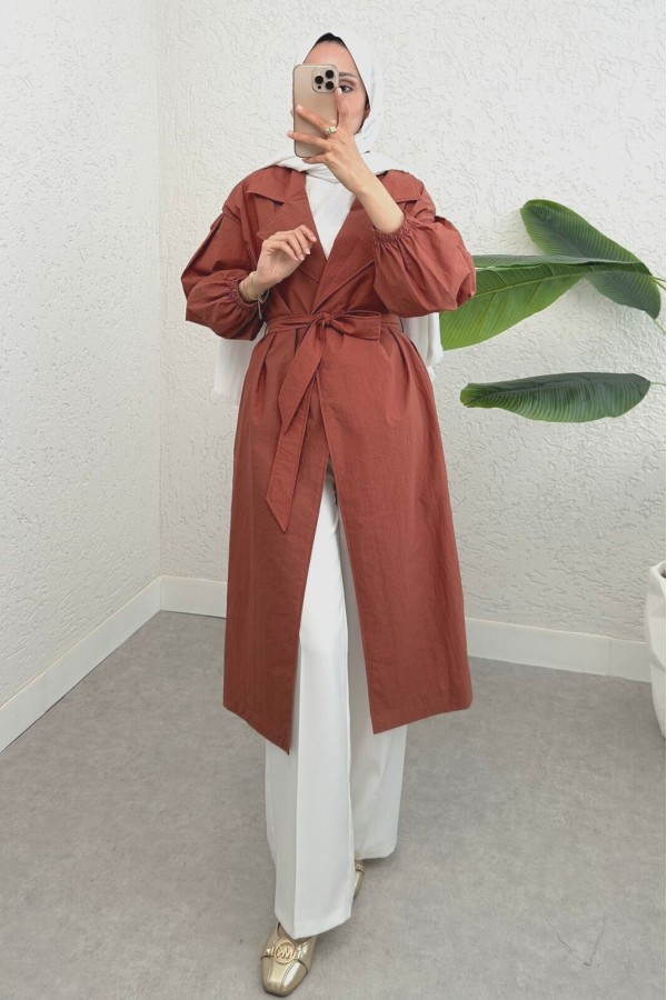 Belted Lined Trench Coat with Elastic Sleeves -Brick color