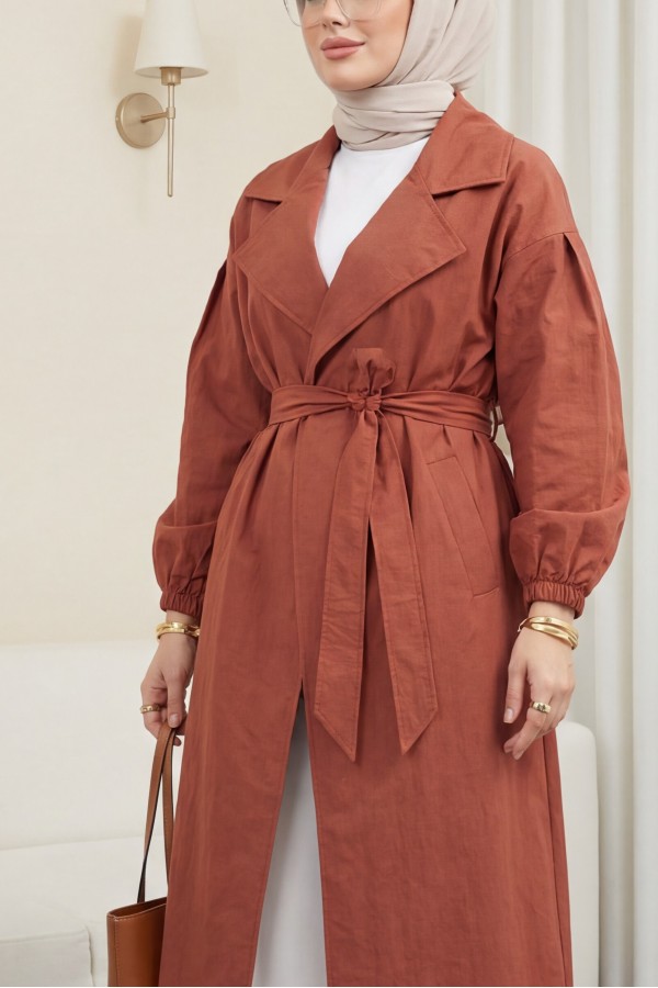 Belted Lined Trench Coat with Elastic Sleeves -Brick color