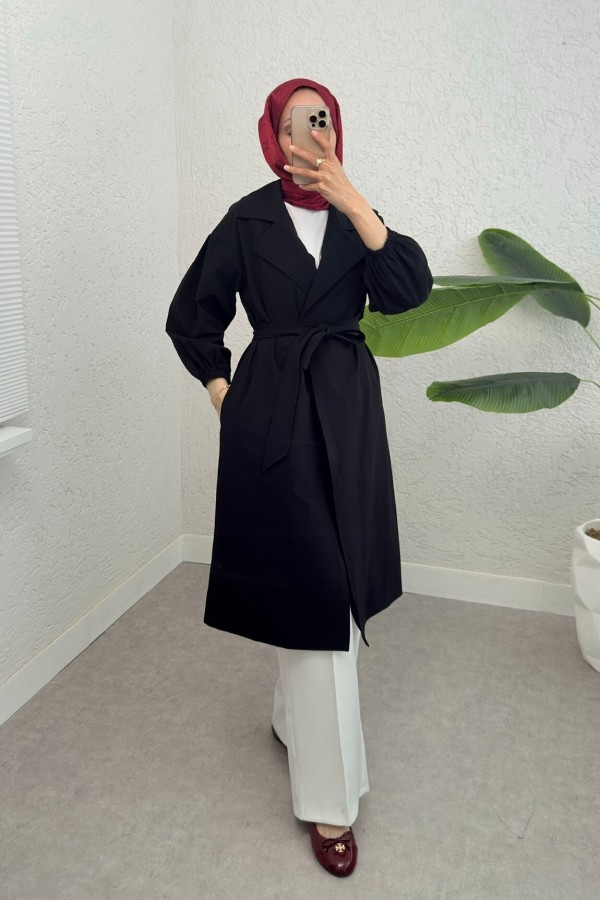 Belted Lined Trench Coat with Elastic Sleeves -Black