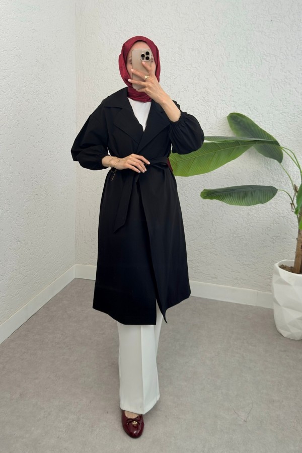 Belted Lined Trench Coat with Elastic Sleeves -Black