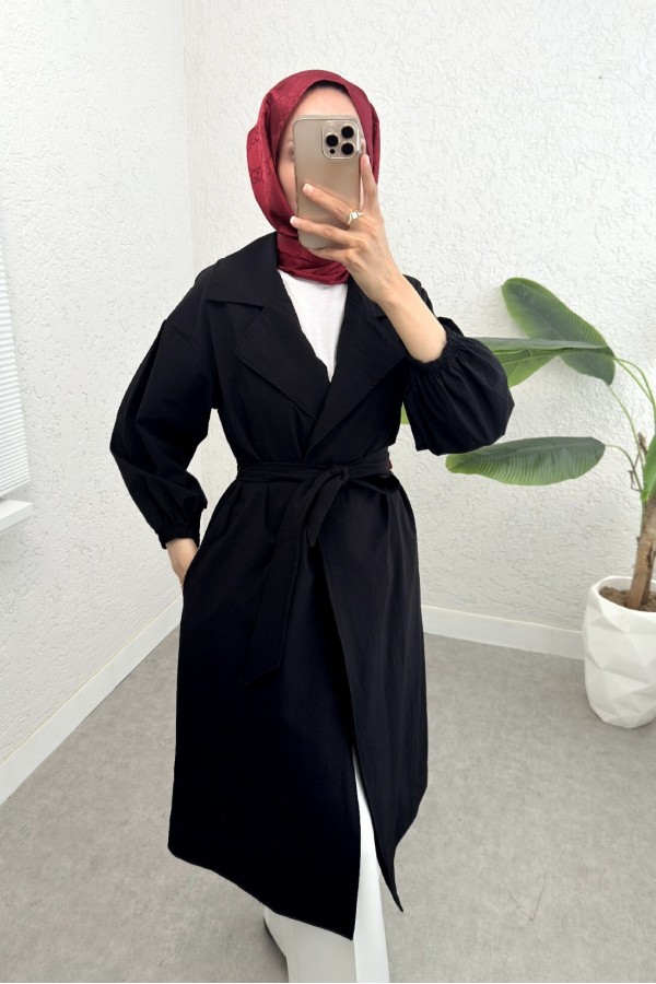 Belted Lined Trench Coat with Elastic Sleeves -Black