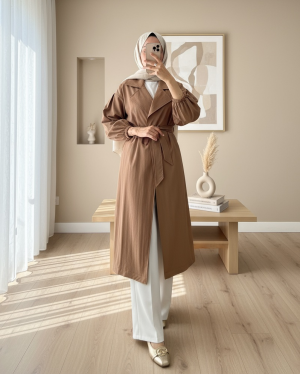 Kolu Lastikli Kemerli Astarlı Trençkot -Taba