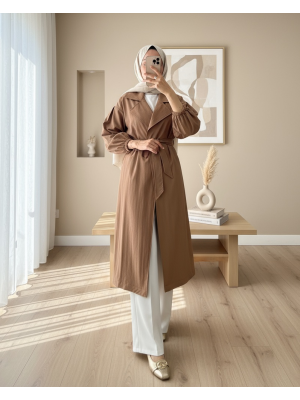 Kolu Lastikli Kemerli Astarlı Trençkot -Taba