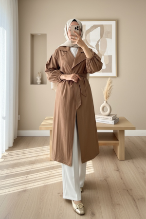 Kolu Lastikli Kemerli Astarlı Trençkot -Taba