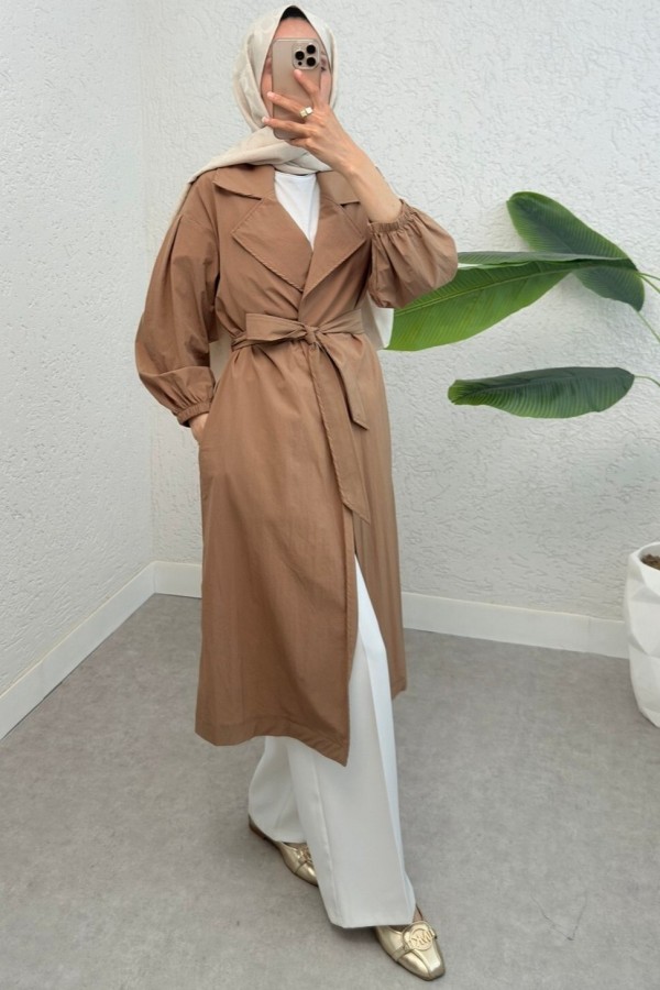 Belted Lined Trench Coat with Elastic Sleeves -Snuff