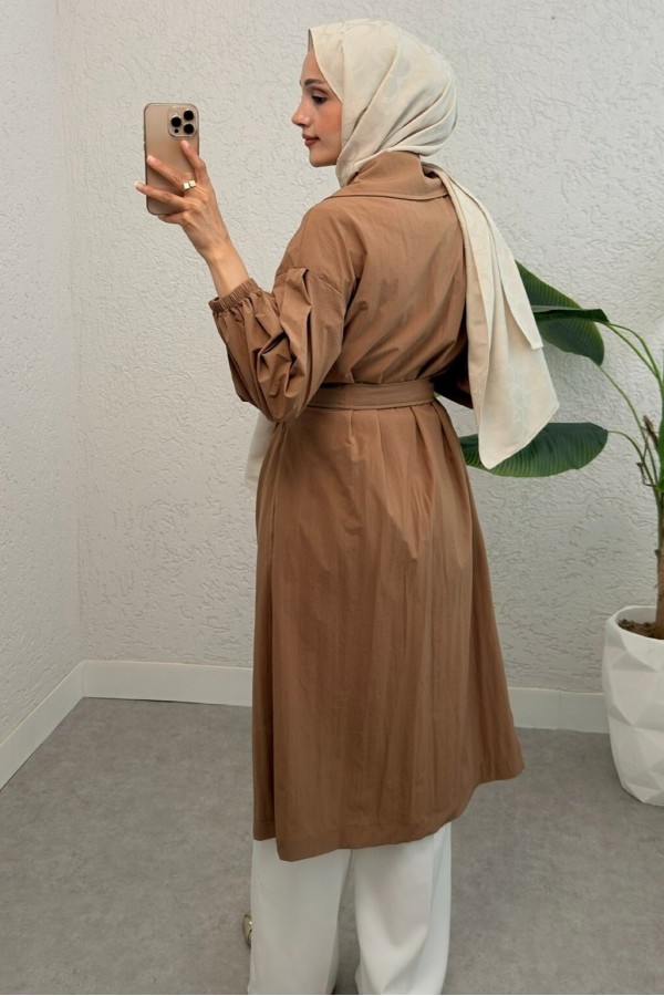 Belted Lined Trench Coat with Elastic Sleeves -Snuff