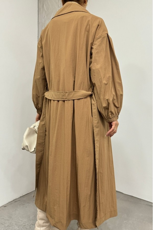 Belted Lined Trench Coat with Elastic Sleeves -Snuff
