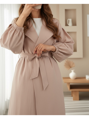 Kolu Lastikli Kemerli Astarlı Trençkot -Taş