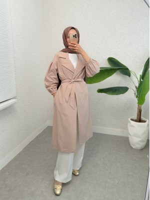 Belted Lined Trench Coat with Elastic Sleeves -Stone