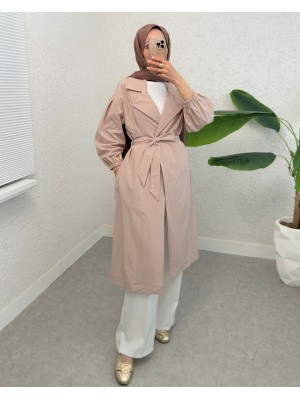 Kolu Lastikli Kemerli Astarlı Trençkot -Taş