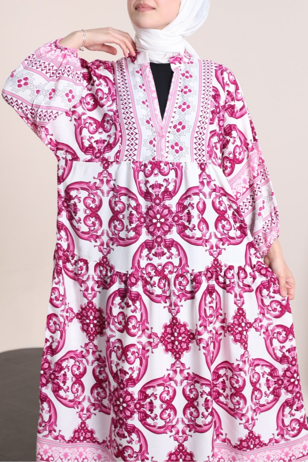 V-Neck Bat Sleeve Piece Viscose Dress -Fuchsia detay görseli