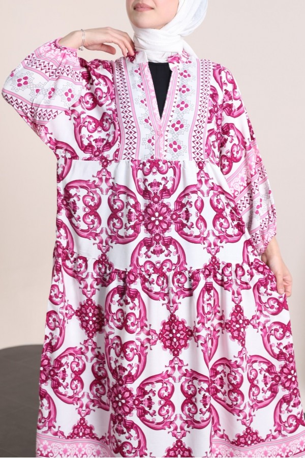 V-Neck Bat Sleeve Piece Viscose Dress -Fuchsia