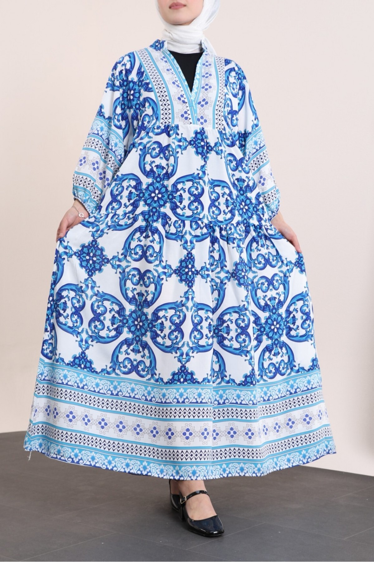 V-Neck Bat Sleeve Piece Viscose Dress -Dark blue