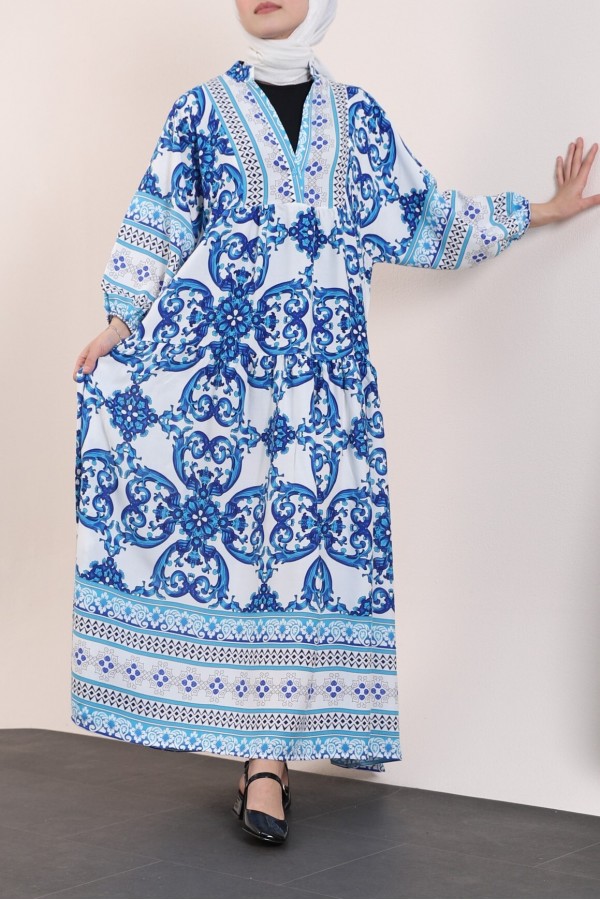 V-Neck Bat Sleeve Piece Viscose Dress -Dark blue
