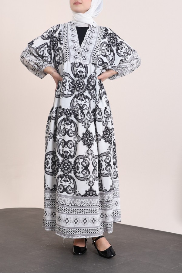 V-Neck Bat Sleeve Piece Viscose Dress -Black
