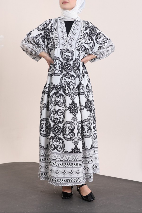 V-Neck Bat Sleeve Piece Viscose Dress -Black