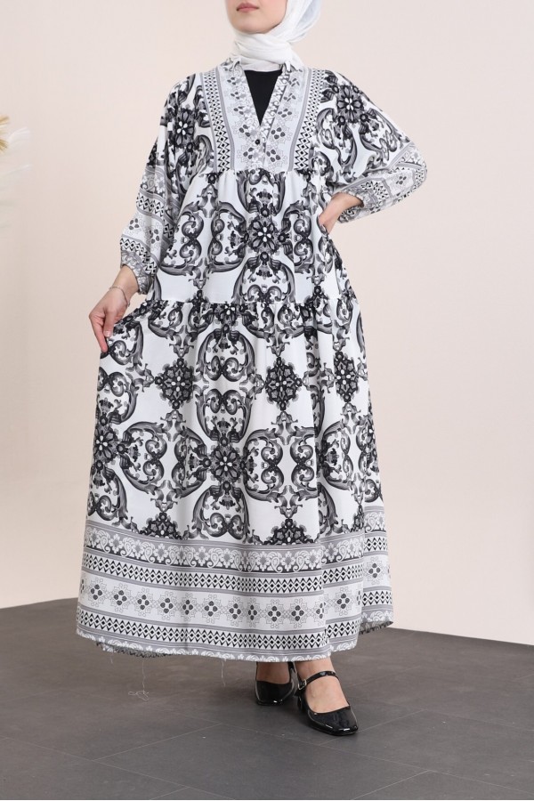 V-Neck Bat Sleeve Piece Viscose Dress -Black
