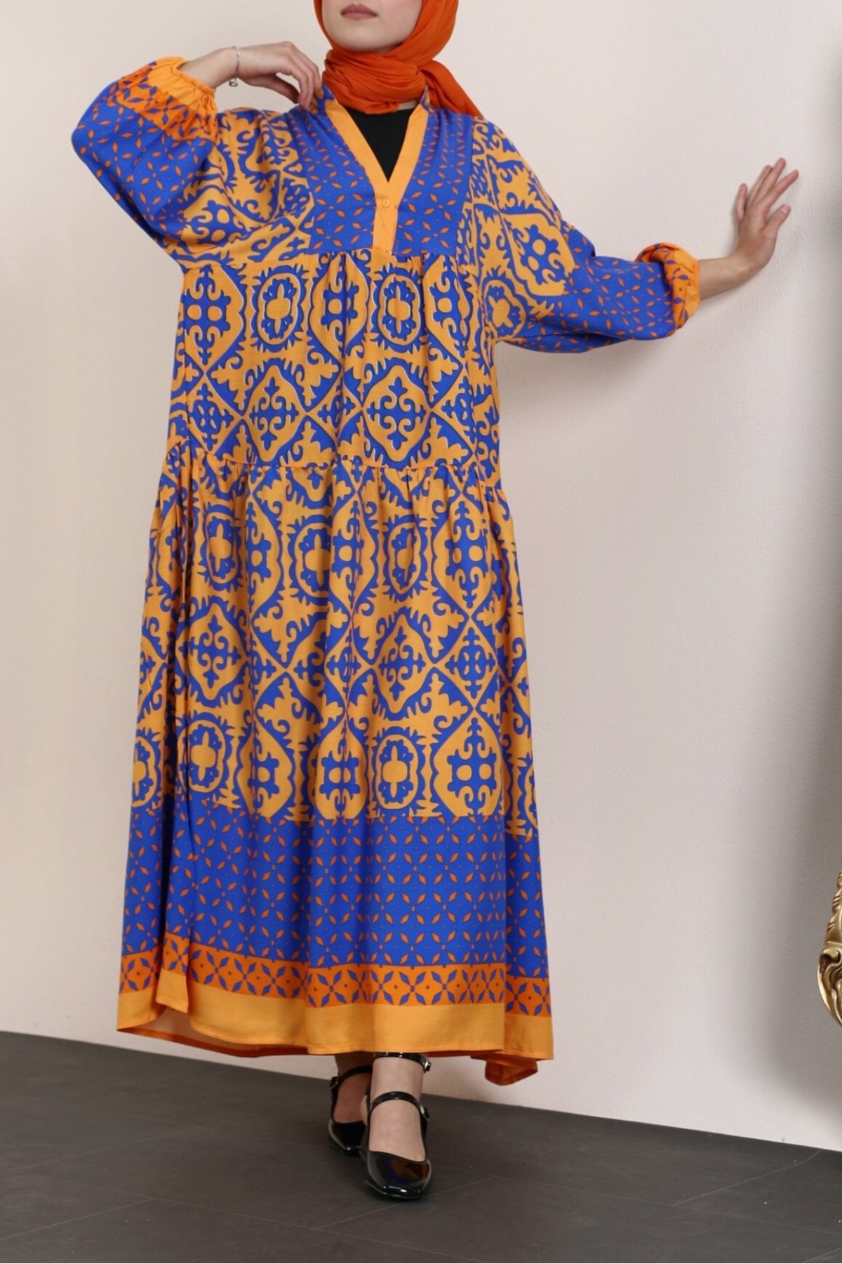 V-Neck Bat Sleeve Piece Viscose Dress -Orange